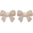 Women Earrings for Ramadan Mother's Day Pearl Bow Rhinestone Earrings Thin Dangle Gold Elegant Pearl Rhinestone Earrings Wedding Women Accessories Jewelry Bow Earrings For Women Hoop Earrings 60mm