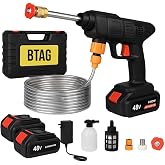 BTAG 48V Cordless High Pressure Car Washer Gun with Double Battery | Portable Water Jet Cleaner with Foam Bottle, Long Hose &