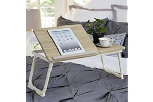 BAKAJI Tavolino Vassoio Colazione da Letto Divano Tavolo Porta Tablet Notebook PC Laptop Struttura in Metallo Pieghevole Leggio Piano in Legno Inclinabile Dimensione 65 x 30 cm (Beige)