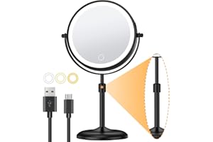 Gospire Wiederaufladbar Kosmetikspiegel mit Licht, 1X/10X Vergrößerung, 3 Farben Dimmable & Höhenverstellbar 7" Schminkspiegel, 360°Schwenkbar Doppelseitiger LED Make-up Spiegel, Schwarz