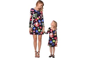 FYMNSI Christmas Mother Daughter Matching Dress Mommy and Me Long Sleeve Flared A-line Mini Dress Women Girl Santa Claus Cartoon Print Casual Party Family Clothes Parent-Child Outfit for Adult Kids