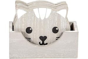 SPOTTED DOG GIFT COMPANY Zestaw 6 podstawek dla kotów, urocze drewniane podstawki z uchwytem na kubki do napojów, kubki, akcesoria do dekoracji domu, kuchni, prezenty dla miłośników kotów, szare