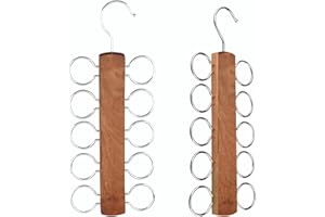 LMSAWK 2 PCS carf Hanger Wooden, Scarf Holder for Closet Organizer and Storage, Tie Hanger Scarf Rack, Space Saving Hangers with 10 Loops for All Scarves, Ties, Belts (Brown)