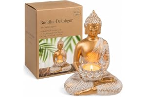 MIJOMA Buddha-dekorativ figur, guld och vit, vintage ook, polyharts, 14–34 cm höjd, tillval med värmeljushållare – andlig lug