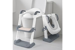 HIBTN Adjustable Toilet Training Seat for Kids 1-7 Years - Upgrade Anti-Slip Children's Potty Seat with Step Stool & Foldable Design | Fits UK Round Toilets|(Grey)