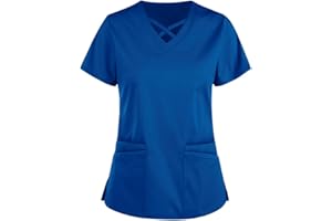 UNHU Damen Pflegebekleidung Einfarbig T-Shirt Schlupfkasack Kurzarm V-Ausschnitt Schlupfhemd Berufskleidung Kasack Krankenpfleger Uniformen mit Taschen