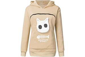 GENERIC Damen Langarm Pullover Kapuzenpullover mit Katzen Hund große Tasche, Katzentasche Pullover mit Reißverschluss, Hunde Katze Tasche Sweatshirt Pulli Hoodie, Frauen Warme Langarmshirt Katzenpulli