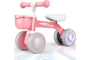HappyGoLucky Balance Bike 1 2 3 Year Old, 1st Birthday Gifts for Girls Toddler Toys for 1-3 Year Old Girls Xmas Gifts, Toddler Bike for 12-24 Months Baby Walker With LED Lights, Removable Basket
