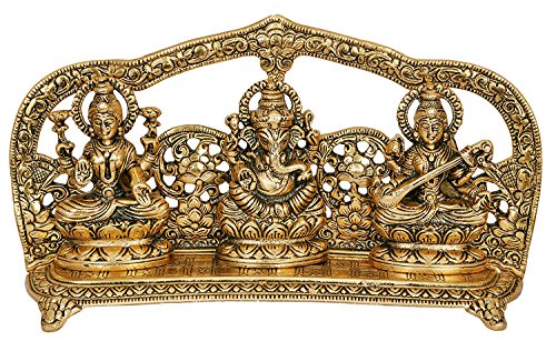 Crafticia Metal Lord Laxmi Ganesh Saraswati Idol Statue with Frame Decoration Pooja Showpiece (10X6 inch, Golden)