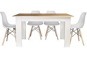 IBERA HOME Pack Mesa de Comedor Color 140x80 cm + 4 Sillas Nordicas Blancas - Diseño Actual, Melamina Color Mesa Blanco + Cambria
