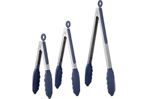 U-Taste 17/22/30 cm Pinzas Cocina Silicona, con Puntas de Silicona de Alta Resistencia al Calor de 250 ℃, Mango de Acero Inoxidable 18/8, para Ensalada, Barbacoa, Freír, Juego de 3 (Azul medianoche)