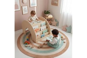 Bellabino 'Vily' 2in1 Kinderbücherregal und Schreibtisch, Montessori Regal für Kinder mit 4 Ablagefächern in Natur lackiert, Spielzeug Aufbewahrung mit Lernfläche aus Birke Sperrholz