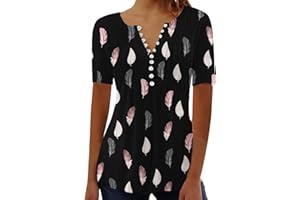MRGIINR 2024 Summer Women Tunic Tops UK Short Sleeve Button Down V Neck Feather Graphic Oversized Flowy Hide Belly Pleated Dressy Casual Henley T Shirts