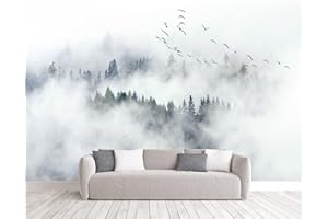 Naturempress Papier Peint Panoramique Forêt De Pins Zen Nuages Oiseaux Papier Peint Intissé Tapisserie Poster Mural pour Salon Chambre Décoration Murale