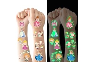 FLYFTREY Tatuaggi Temporanei per Bambini, 20 Fogli Luminous Adesivi Tatuaggi Finti, Tatuaggio Set de Temi Principessa e Ragazza, Ragazzo Ragazza Compleanno Festa Giochi Regalini Giocattoli