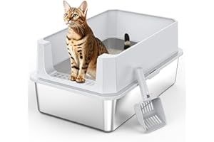 MIXJOY XL Stainless Steel Cat Litter Tray with Lid, 37L Extra Large Metal Box for Big Cats, 58x38x28 cm, Enclosed Litter Box High Sided, Non-Sticky, Include Litter Scoop, Silver