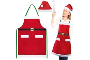 BETESSIN Grembiule Natalizio Cappello Babbo Natale Rosso Grembiule da Cucina Barbecue Costume Babbo Natale per Festa Idea Regalo per Donna Uomo Cuoco Chef