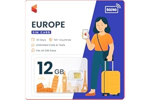 SimCorner Europe UK Travel SIM Card (12GB, 30 Days) - Prepaid SIM w/Data, Unlimited Calls & SMS to EU & UK Numbers - 3-in-1 Hotspot/Tethering Card: Standard, Micro, Nano SIM for Unlocked Phones