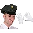 BLACK CHAUFFEUR HAT AND WHITE GLOVES FANCY DRESS COSTUME ACCESSORY CELEBRITY PERSONAL LIMO DRIVER VALET PROFESSIONAL LOOK BLACK BADGE GOLD STITCHING CHAUFFEURS CLUB