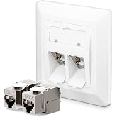 LEENUE 1 x CAT 7 2-Port Recessed Network Socket + 2 x RJ45 CAT 7 Keystone Modules, 10Gbps Female Ethernet LAN Plug, White