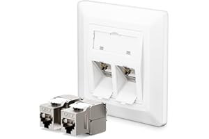 LEENUE 1 toma de red CAT 7 de 2 puertos empotrada + 2 módulos Keystone RJ45 CAT 7, enchufe LAN Ethernet hembra 10 Gbps, color blanco