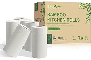 Carebee Kitchen Roll - 2 Ply Strong & Absorbent Paper Towels | 100% Bamboo | Zero Wastage | 100 Sheets per Roll | Ideal for Household Cleaning, Spills & Food Prep (6 Pack)