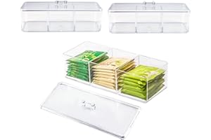 HAKZEON 3 Pack Clear Acrylic Tea Bag Box with Lid, 3 Compartments Tea Bag Storage Container, Stackable Tea Bag Organiser Holder for Kitchen, Home and Office, 23 x 9.5 x 8.5 cm