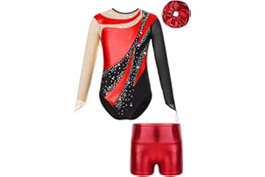 ranrann Enfant Fille Justaucorps Gymnastique Brillant avec Short Ensemble Danse Gym Strass Costume Spectacle 3-16 Ans