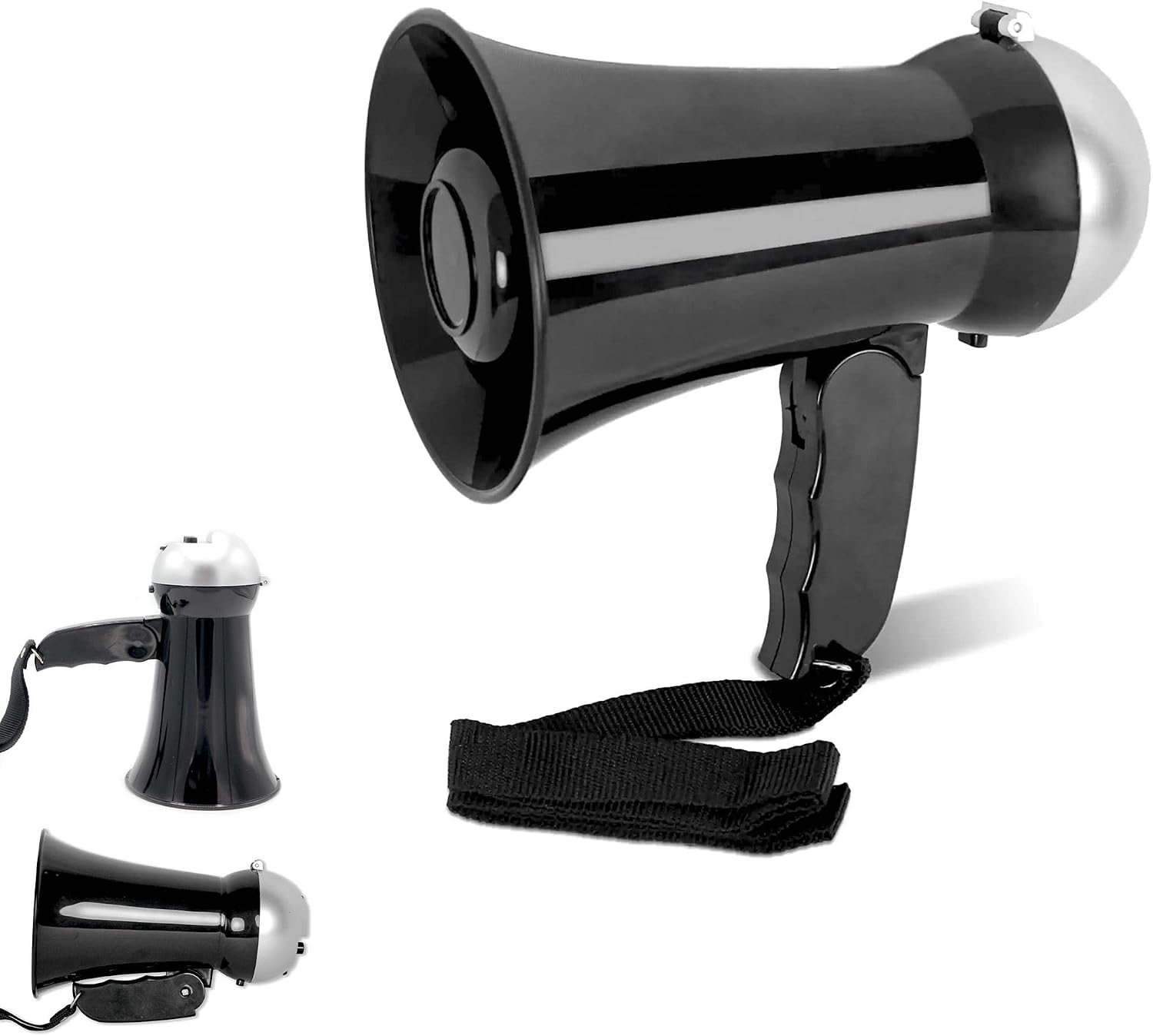 Mini Megáfono 10 W - Función Altavoz y Sirena - Volumen Ajustable - Funciona con 6 Pilas AA - 17 cm - Negro