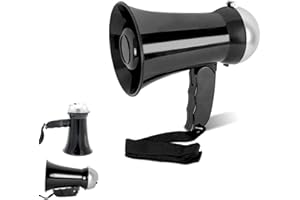 FISHTEC - Einziehbare Mini Megaphon - Leistungsstarke Sprachtür 5W - Lautsprecher und Sirene Funktion - Einstellbare Lautstärke - Funktioniert mit 6 AA Batterien - 17cm Länge - Schwarz und Silber