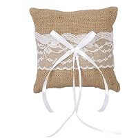 AmaJOY Coussin Alliance Toile De Jute Dentelle 19x19cm - Style Vintage Pour Mariage