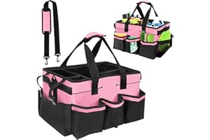 Yallmie Cleaning Caddy Bag with Handle, Cleaning Products Organiser Adjustable Gardening Tool Storage Bag, Caddy Organiser Large Multi Pocket Bucket Tool Bag for Home, Car, Garden, Craft (Pink)