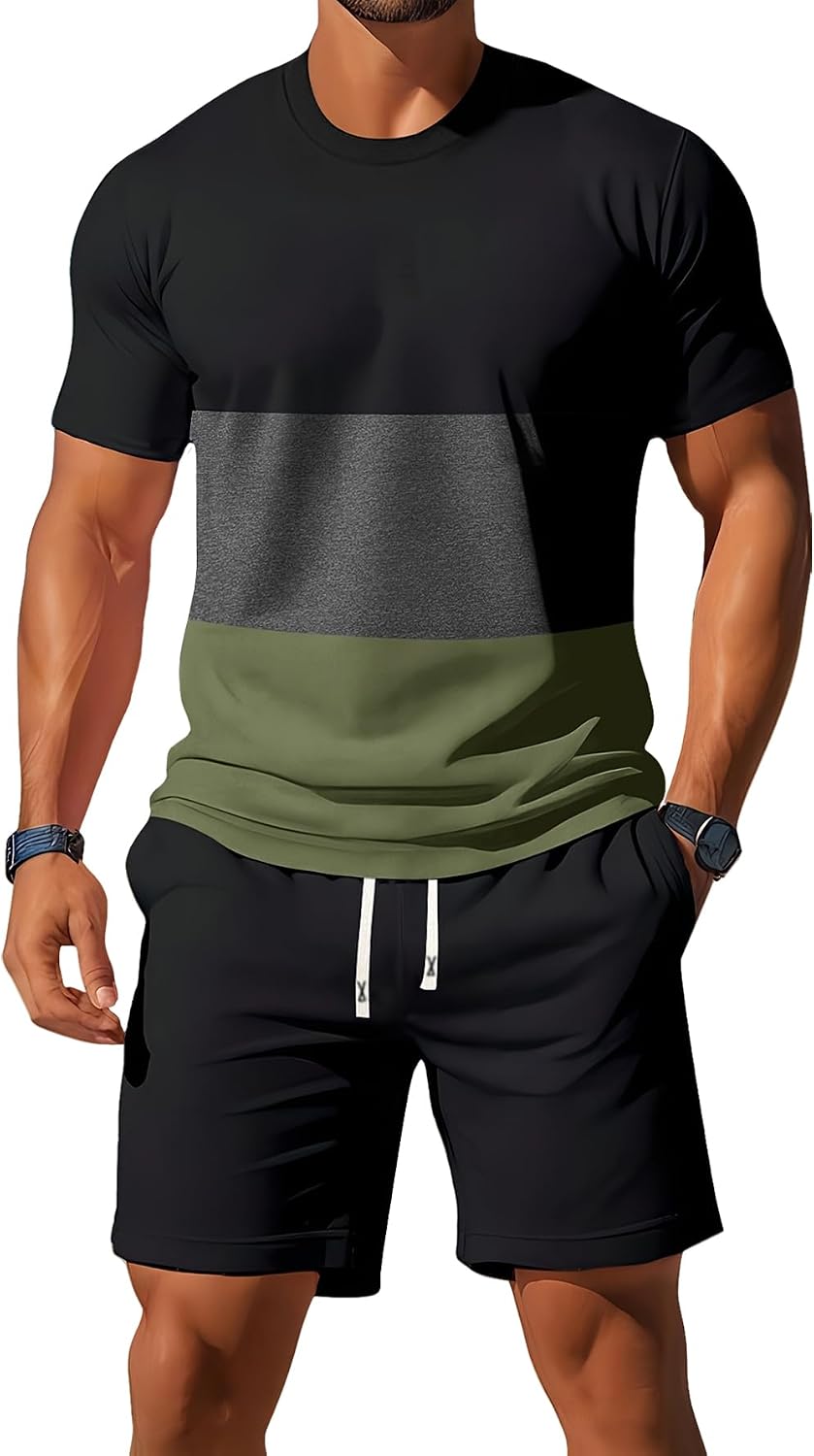 Conjunto de 2 piezas de camiseta ligera de manga corta con bloques de tres colores para hombre, a la moda, casual, vacaciones, deportes, fitness