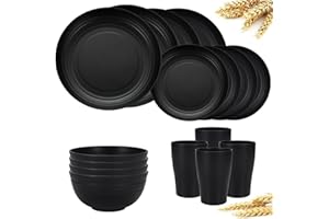 FENGZIZH 16 Pieces Plastic Dinnerware Set, Unbreakable Plates and Bowls Set - Microwave & Dishwasher Safe, Reusable Tableware for Camping, Picnics, and Everyday Use (Black)