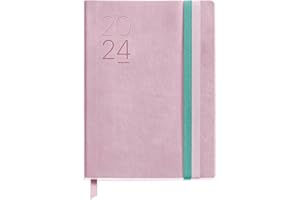 Miquelrius - Agenda Anual 2024, Día Página, Tamaño Journal 122 x 168 mm, Cubierta flexible símil piel cosida, Doble cierre goma elástica, Español, Inglés y Portugués, Rosa