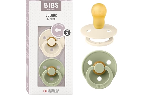 BIBS Colour Paquete de 2 chupetes. Libre de BPA, Tetina redonda. Látex natural, Talla 3 (18 + meses), Ivory / Sage
