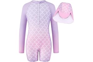 WYTBABY Traje de baño para niña de una sola pieza, manga larga, antiUV, traje de baño para niñas, estampado de sirena, ropa de baño para niños, calzoncillos tipo bóxer para niñas de 4 a 9 años