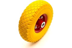 NO NONSENSE PRODUCTS 10 Inch Heavy Duty 3.00-4 Complete Wheel Solid PU Tyre Offset Hub 20mm Bore Bearings Yellow/Red 150kg Capacity Sack Truck Hand Cart Trolley