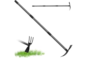 HARRMS Azada de jardín con mango, 116 cm, doble azada de 3 dientes, rastrillo de malas hierbas de metal, multifuncional, herramientas de jardín, accesorios para aflojar, ventilar y deshierbar el suelo