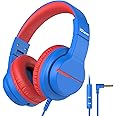 iClever Kids Headphones with Microphone for School, Volume Limiter 85/94dB, Over-Ear Boys Headphones for Kids with Shareport, Wired Headphones for iPad/Fire Tablet, Blue