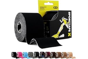 SPORTTAPE Kinesiology Tape, 5cm x 5m, Black - Waterproof & Hypoallergenic Kinetic Physio Tape for Muscle Injury Recovery, Sports Strapping, Knee Pain, Joint Support & Blisters - Single Uncut Roll