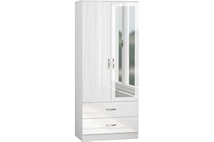 Nera High Gloss 2 Door Wardrobe with Drawers and Hanging Rail Slim Wardrobes for Small Bedrooms Storage (With Mirror White Gloss (Matt White))