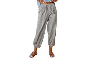 ASKSA Pantalon 7/8 Femme Été Lin Ample Longueur Pants Cordon pour Décontracté à Jambes Léger en avec Poches