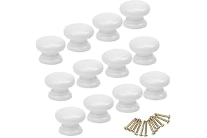LIANCHEN 12 Stück Weiß Rund Möbelknöpfe porzellan Weiss Schubladenknopf Holzgriff Universal runder schubladengriffe mit Schrauben Durchmesser 33mm für Spinde Schuhregale Kleiderschränke Kommoden