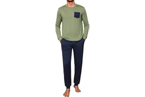 Crewhpo Pijama Hombre Largo Invierno Conjunto de Pijamas Manga Larga Algodón Ropa de Dormir 2 Piezas Cuello Redonde Tops Pijama y Pantalones