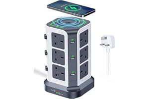KOOSLA Tower Extension Lead with Wireless Charger,[13A 3250W] Surge Protector,12 AC Outlets & 6 USB Ports Multi Plug Socket Power Strip with Heavy-Duty Extension Cable 2m Gray