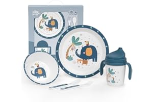 Juego de Vajilla Bebe Interbaby | Set Vajilla Infantil 5 Piezas Plato Llano, Bo, Cuchara, Tenedor y Vaso Antigoteo Aprendizaje | Apta para Microondas y Lavavajillas, Mayores de 6 Meses
