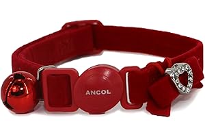 Ancol Collar de Terciopelo Rojo con corazón para Gato, Terciopelo extrasuave con corazón de Gema Brillante y Hebilla Separable