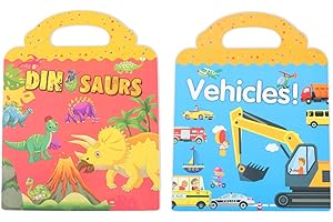 elzle 2 Libri di Adesivi Riutilizzabili per Bambini, 3-6 Anni Giocattolo Educativo, Veicoli, Dinosauri, 2 Temi Adesivi Trasparenti 3D Bambini e Ragazze Regali di Compleanno