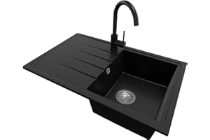 PRIMAGRAN Granitspüle Schwarz 78x50cm, Spülbecken 1 Becken + Küchenarmatur 32x20cm + Ablauf-Set, Küchenspüle ab 45er Unterschrank - Mailand S009